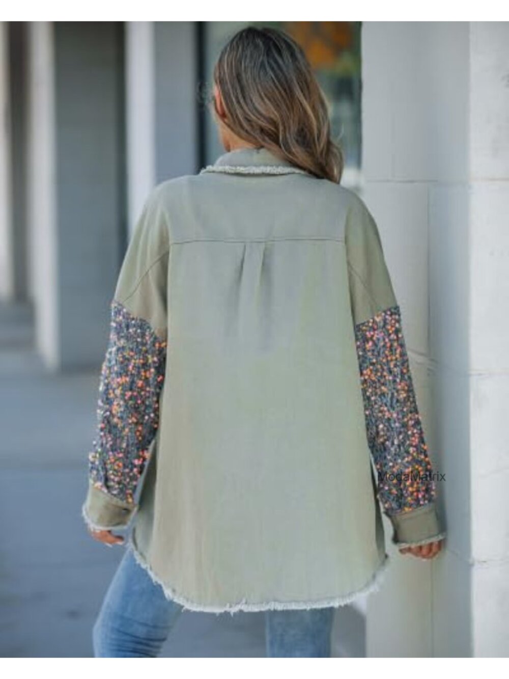 Oversized Rhinestone Sequin Patchwork Shacket Drop Shoulder - Picture 4 of 6
